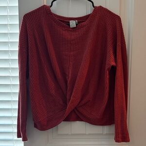 Paper Crane Red Twist Front Long sleeve Waffle knit shirt